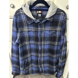 Rusty HB3 Mens Large Hooded Flannel Shirt Jacket Blue Plaid Skate No Earbuds